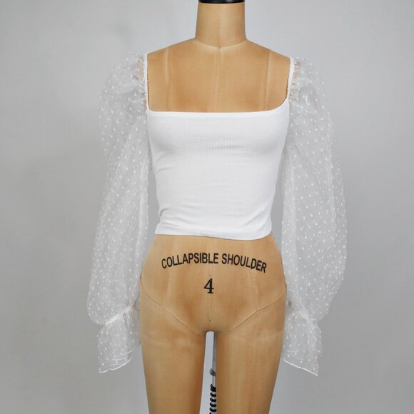 Zara | white sheer puff-sleeve blouse crop top with swiss dot organza sleeves sm - Picture 2 of 6